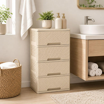 Cajonera Organizadora de Plástico 4 Niveles Color Beige Tipo Ratán | Mueble Multiusos para Hogar. Beige