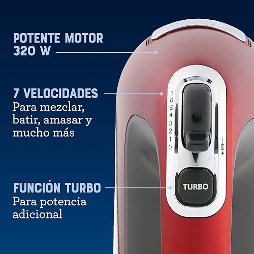 Oster Batidora de Mano 320 W con 7 Velocidades y Función Turbo | Prepara merengues y masas para galletas, incluye batidores y ganchos amasadores, almacenamiento práctico, rojo, FPSTHM360R