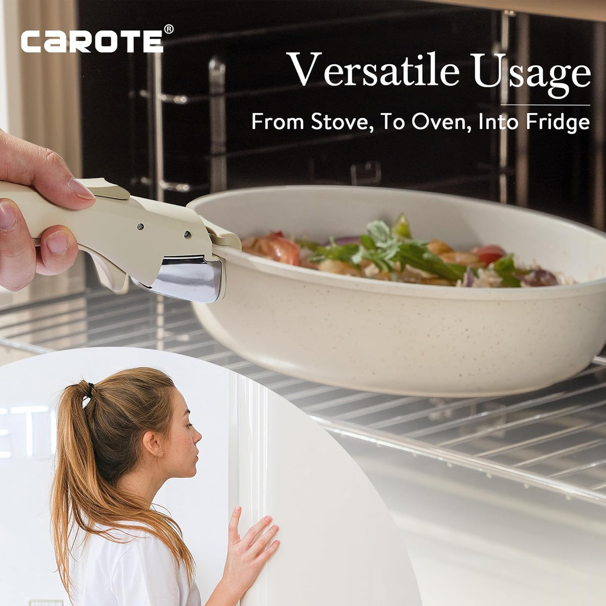 CAROTE – Batería de Cocina 21 Piezas Desmontable, Ollas y Sartenes Antiadherentes, Mango Extraíble, Blanco Crema, Compatible con Inducción, Gas y Horno