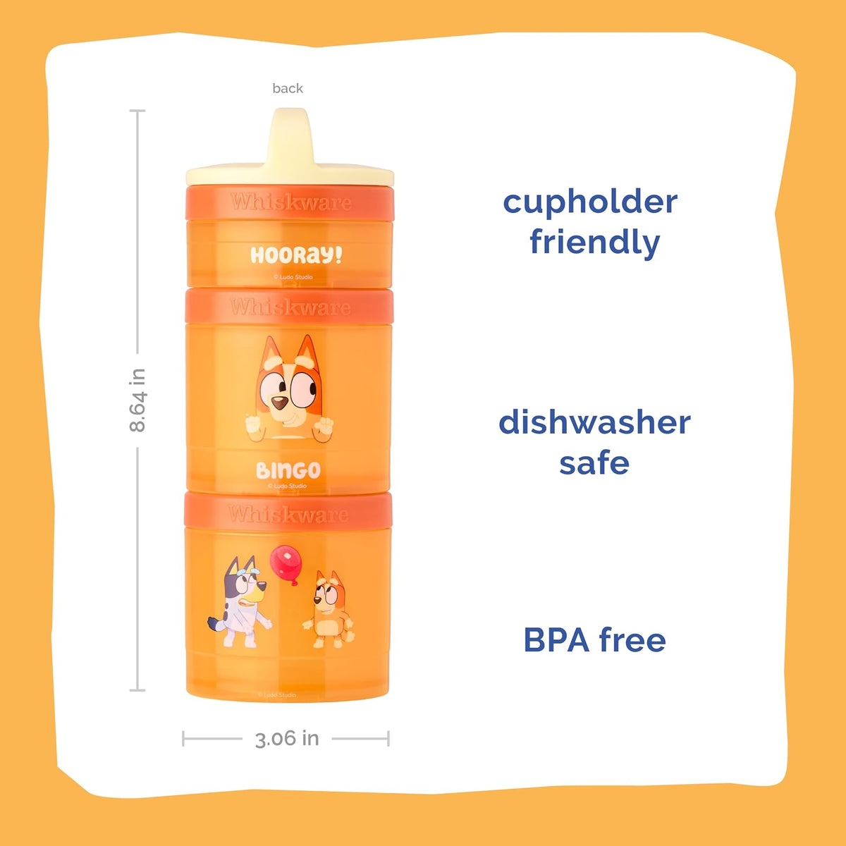 Whiskware - Contenedores apilables Bluey para aperitivos, para niños y niños, 3 tazas apilables para la escuela y los viajes, Bluey y Bingo, ¡hurra!