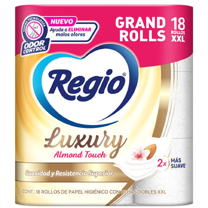 Regio Luxury Almond Touch - Papel Higiénico, Hojas Dobles, 18 Rollos + Saba Diarios Sensiti-v, Protectores Diarios Largos, 40 Piezas, Color, 40 Count, Pack of/Paquete de 1
