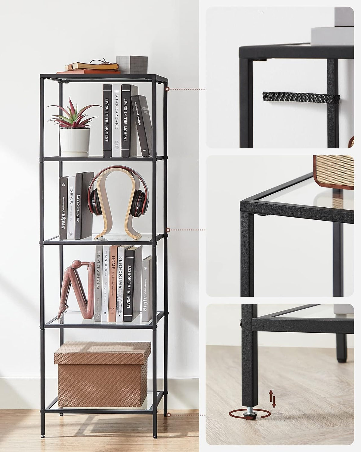 VASAGLE Estantería de Cristal de 5 Niveles, Librería, Expositor, 30 x 40 x 124.5 cm, Baño, Salón, Dormitorio, Oficina, Negro MLGT029B61
