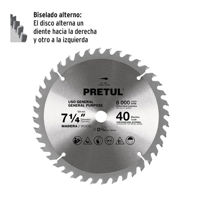Pretul ST-740P, Disco sierra 7-1/4" para madera 40 dientes centro 5/8"