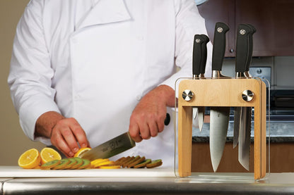 Mercer Culinary Genesis Juego de bloque con 6 cuchillos forjados, Bloque de madera con vidrio templado, Negro/Acero, 15" x 4" x 10", 1, 1
