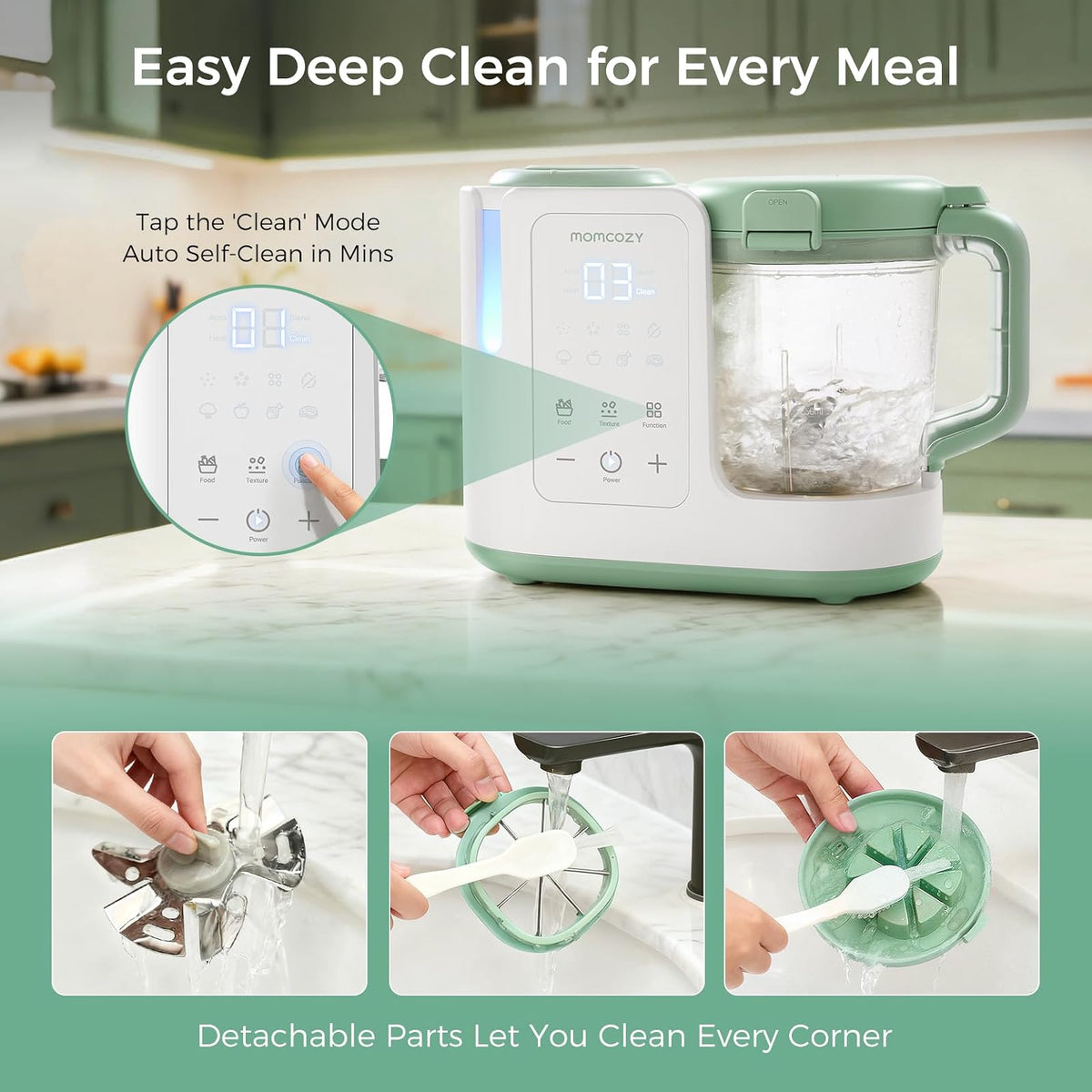 Momcozy AutoMeal Procesador de Alimentos para Bebé – Vapor y Licuado Automático, Vaso 15oz, 6 Cuchillas, Auto-limpieza, 3 Texturas para Papillas Caseras