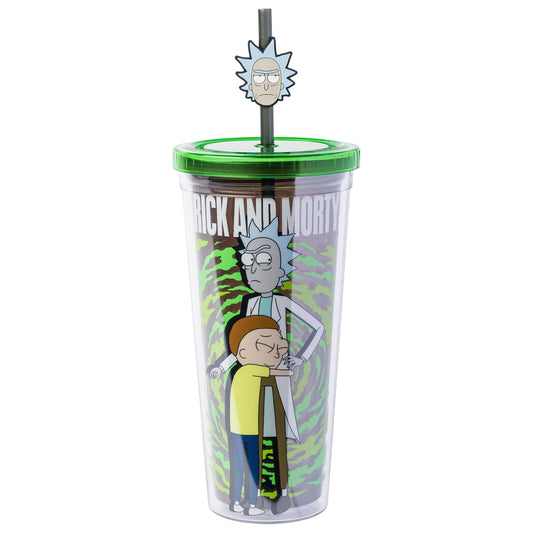 Silver Buffalo Rick And Morty Morty Hugging Rick - Taza fría de plástico de 24 onzas con tapa y popote de adorno