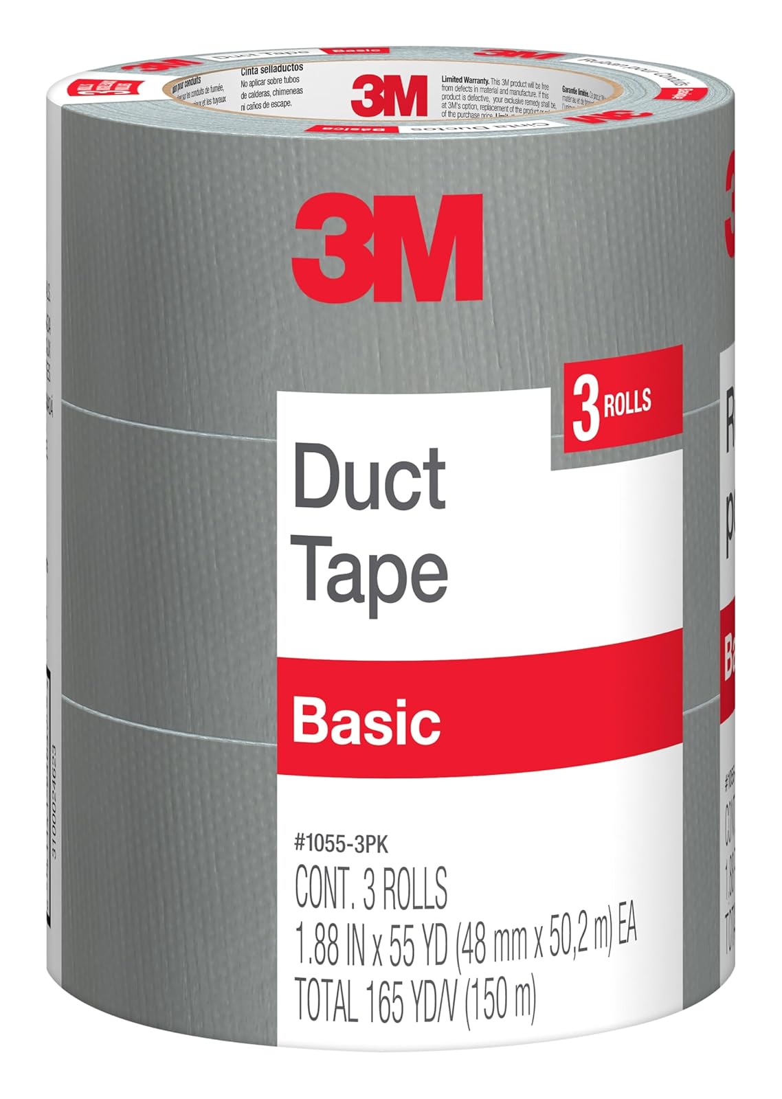 3M Basic - Cinta Adhesiva Plateada para Reparaciones temporales, Uso en Interiores, 1.88 Pulgadas x 55 Yardas, 3 Rollos