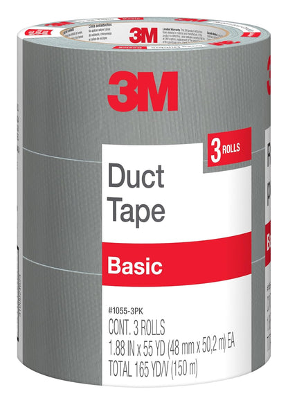 3M Basic - Cinta Adhesiva Plateada para Reparaciones temporales, Uso en Interiores, 1.88 Pulgadas x 55 Yardas, 3 Rollos