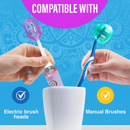 GuruNanda - Paquete de 4 cápsulas de cepillo para polvo de dientes para cepillos manuales y eléctricos, protector de cepillo para polvo de dientes de plástico con clips con vapores de aceite esencial