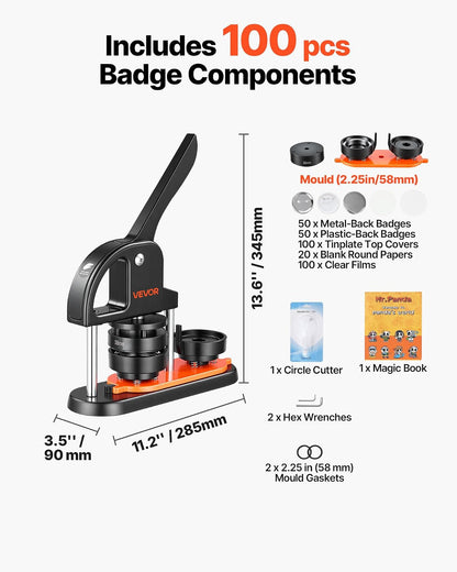 VEVOR Máquina para hacer botones, 2.25 pulgadas/58 mm con 100 piezas de botón, fabricante de botones con libro mágico de panda y kit de prensa ergonómico de mango de arco para niños, regalos de