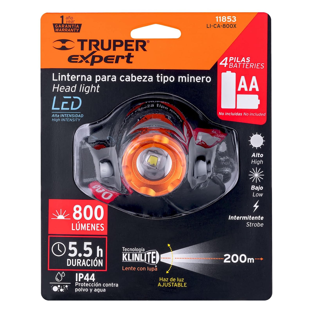 TRUPER LI-CA-800X, Linterna para cabeza, 4 pilas AA, 800 lúmenes, 1 LED, Expert