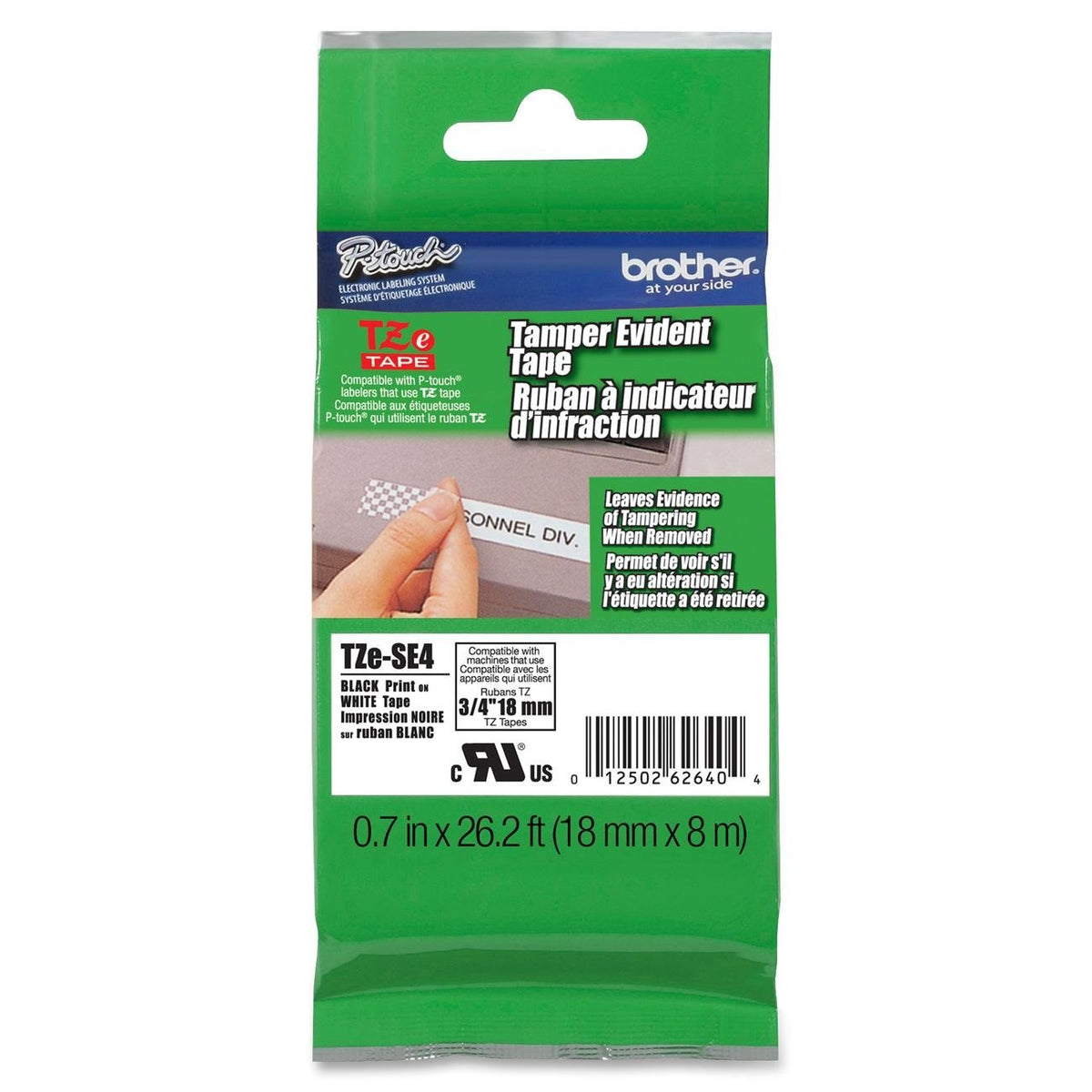 Brother Cinta de Seguridad Laminada TZe-SE4, Etiquetado Antimanipulación | Texto Negro sobre Blanco, Antimanipulación, Compatible con Rotuladores P-Touch, 18 mm x 8 m, P-Touch, negro sobre blanco