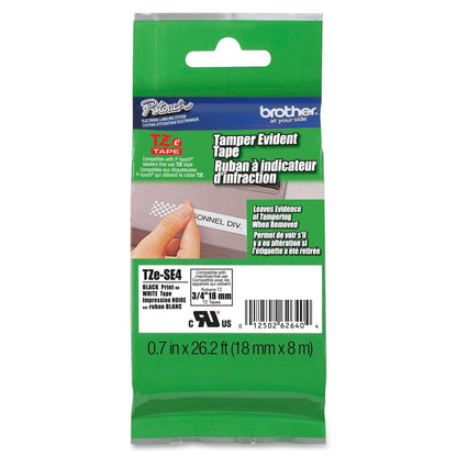 Brother Cinta de Seguridad Laminada TZe-SE4, Etiquetado Antimanipulación | Texto Negro sobre Blanco, Antimanipulación, Compatible con Rotuladores P-Touch, 18 mm x 8 m, P-Touch, negro sobre blanco