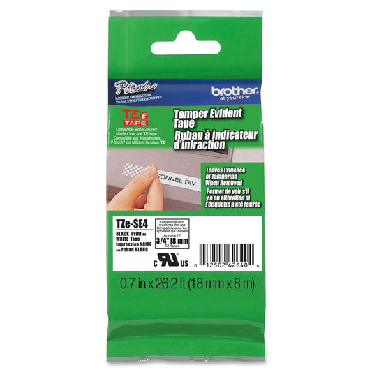 Brother Cinta de Seguridad Laminada TZe-SE4, Etiquetado Antimanipulación | Texto Negro sobre Blanco, Antimanipulación, Compatible con Rotuladores P-Touch, 18 mm x 8 m, P-Touch, negro sobre blanco