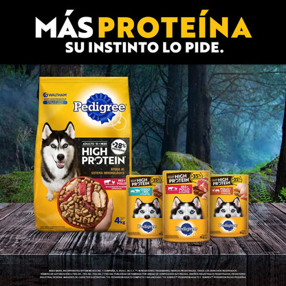Pedigree - High Protein Alimento para Perro Adulto, Sabor Res y Pollo, 24 Sobres, 85g c/u, con Proteína, Antioxidantes y Vitamina E