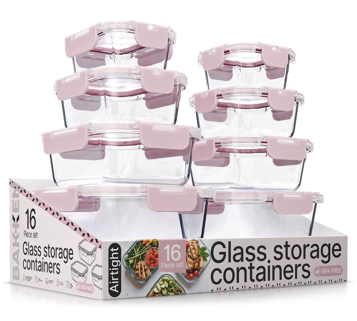 Recipientes de vidrio de borosilicato rosa para almacenamiento de alimentos con tapas, 16 piezas, de grado alimenticio, sin BPA, apilables para almuerzo y sobras de vidrio, aptos para microondas