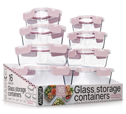 Recipientes de vidrio de borosilicato rosa para almacenamiento de alimentos con tapas, 16 piezas, de grado alimenticio, sin BPA, apilables para almuerzo y sobras de vidrio, aptos para microondas