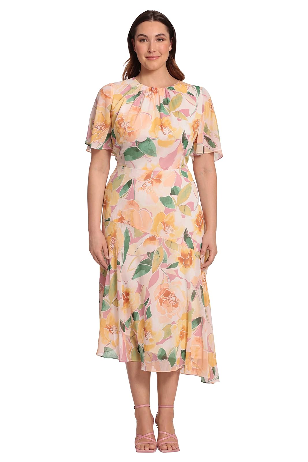 Maggy London - Vestido de Manga Corta con vuelos y Acampanados para Mujer con Dobladillo asimétrico