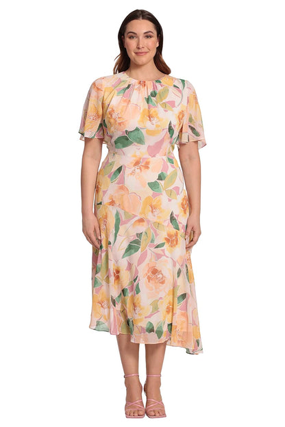 Maggy London - Vestido de Manga Corta con vuelos y Acampanados para Mujer con Dobladillo asimétrico