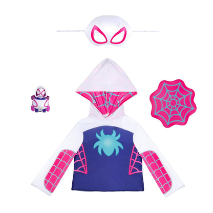 Marvel Ghost Spider - Juego de caja de vestir para niños pequeños - Parte superior de disfraces, máscara de tela, accesorio de protección web y mini vehículo de juguete (3T-4T) multicolor