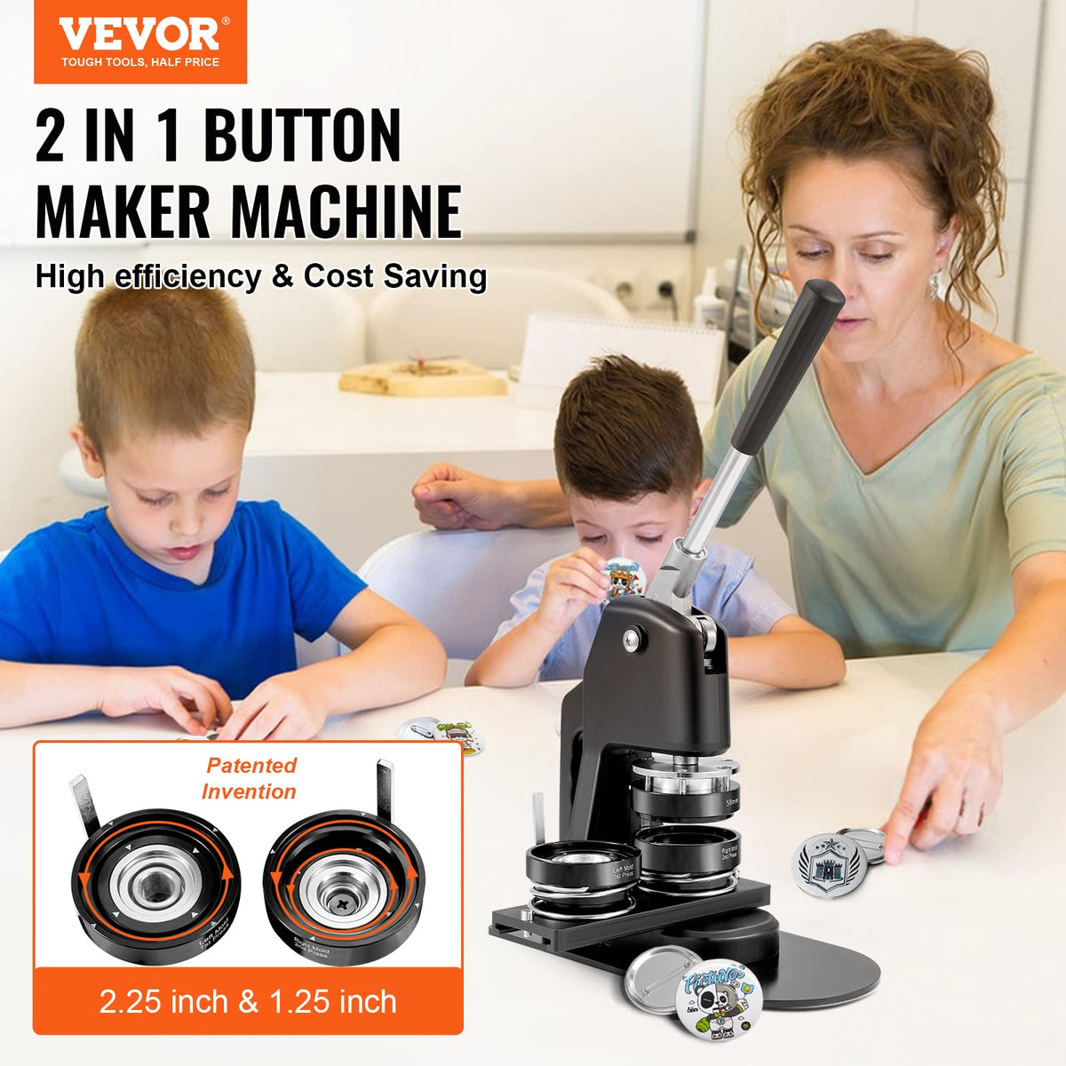 VEVOR - Máquina para hacer botones, varios tamaños de 1.25 + 2.25 pulgadas, kit de prensa de perforación de insignia, regalos para niños, suministros para hacer botones con 500 piezas de botón y