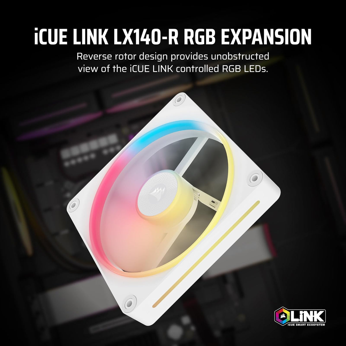 Corsair iCUE Link LX140-R RGB 140mm Ventilador Inverso PWM – Ventilador Único – Bajo Nivel de Ruido, Cojinete de Cúpula Magnética, Lazos de Luz Duales, Tornillos QuikTurn™, Cero RPM – Blanco