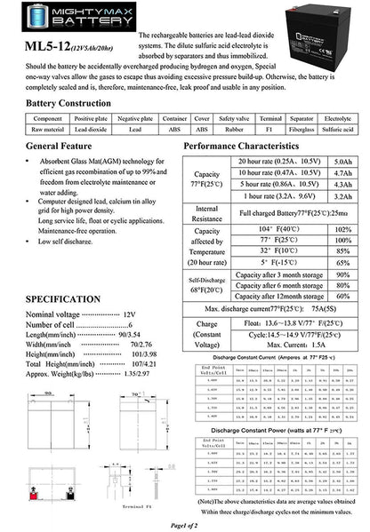 Mighty Max Battery ML5-12 - Batería Recargable (12 V, 5 Ah)