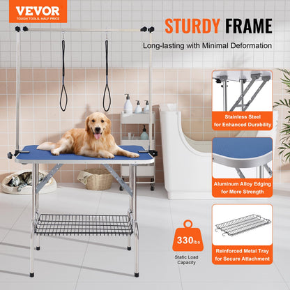 VEVOR Mesa Plegable de Aseo para Mascotas 914,4x609,6 mm Mesa de Aseo para Perros Carga de 149,7 kg Mesa de Peluquería para Perros de Acero Inoxidable con 2 Pinzas 2 Cuerdas Cesta de Almacenamiento