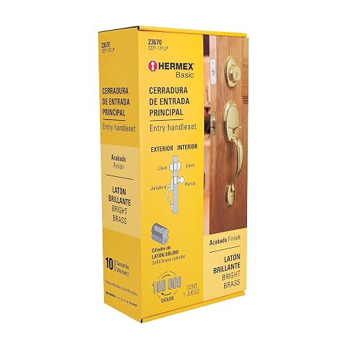 Hermex CEP-12PJP, Jaladera, perilla y cerrojo llave acabado latón brillante