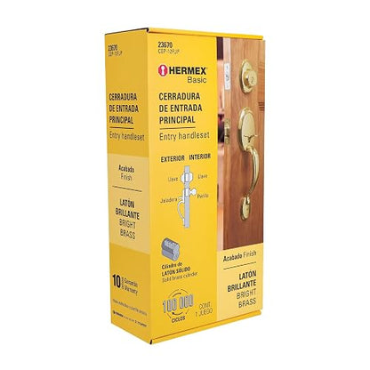 Hermex CEP-12PJP, Jaladera, perilla y cerrojo llave acabado latón brillante
