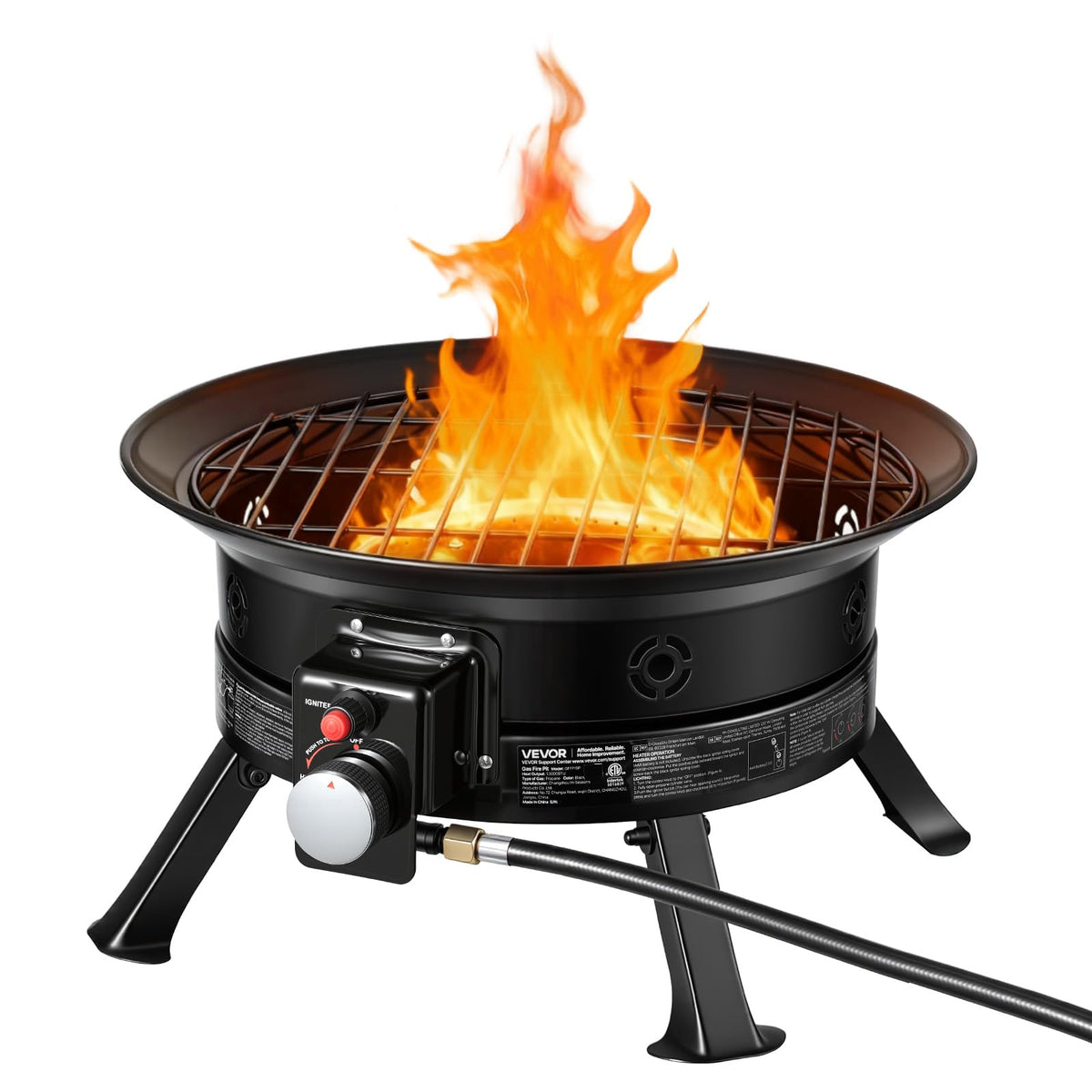 VEVOR Fogón de propano de 24 Pulgadas, fogón de Gas portátil de 53 000 BTU, con Parrilla y Rocas volcánicas, Llama Ajustable, Patas Plegables, fogón Exterior sin Humo para acampadas, Patios, Jardines