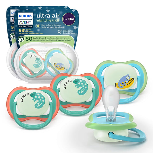 Philips Avent Ultra Air Chupones nocturnos – Diseño ortodóntico, para bebés de 6 a 18 meses, brilla en la oscuridad, pezón simétrico de silicona suave, sin BPA, con 2 fundas esterilizadoras, paquete