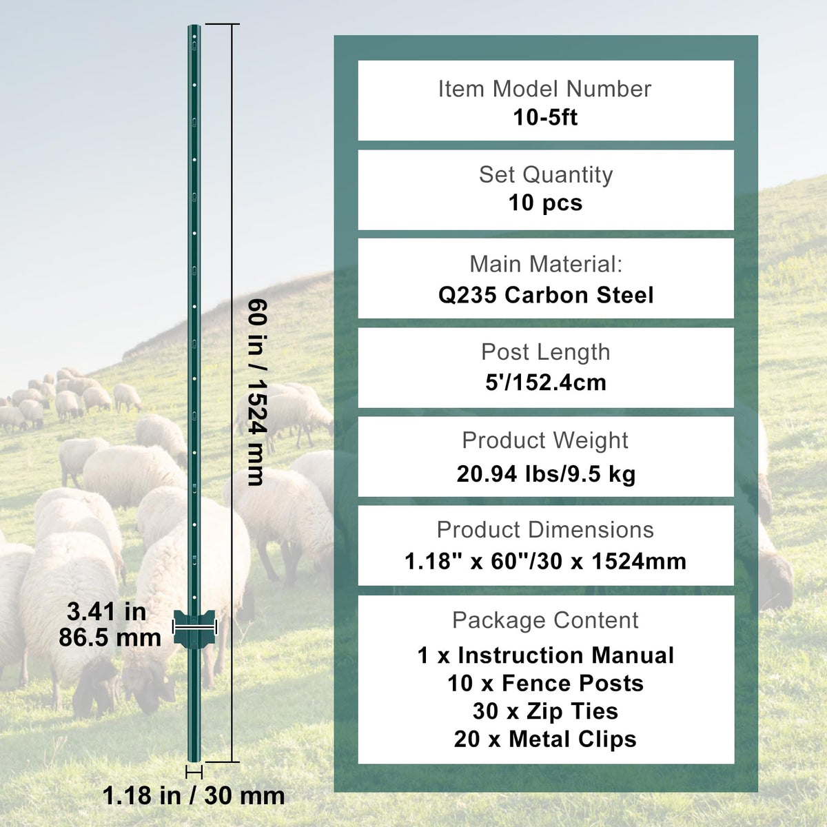 VEVOR Postes de Cerca de Metal 152,4 cm Postes de Cerca de Acero al Carbono Resistentes 10 Piezas Postes de Metal para jardín, Césped, Granjas, Cercas al Aire Libre, Huertos, Carreteras, Verde