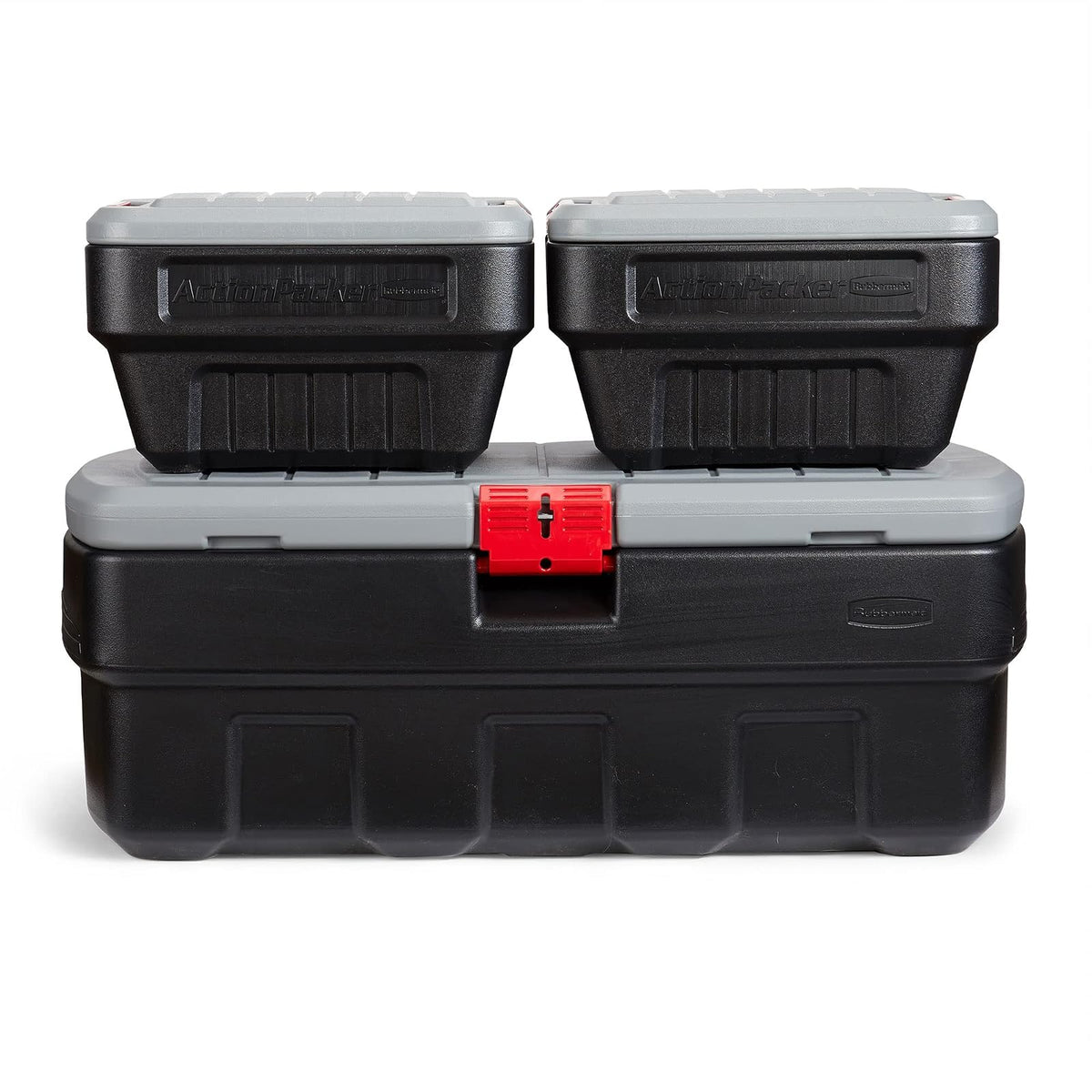 Rubbermaid ActionPacker 48 galones con contenedores de 8 galones anidados, contenedores de almacenamiento bloqueables, industriales, resistentes con tapas