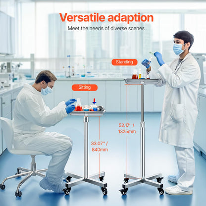 VEVOR Carro de Laboratorio de Acero Inoxidable Carga de 16 kg Asistente Silencioso Altura Ajustable 84-132,5 cm Bandeja Médica Extraíble para Almacenamiento de Equipos, Clínica, Salón de Belleza