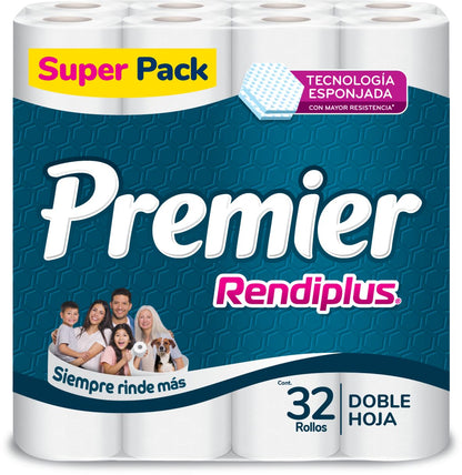 Premier Rendiplus Papel Higiénico 32 Rollos 220 Hojas Dobles con Tecnología Esponjada
