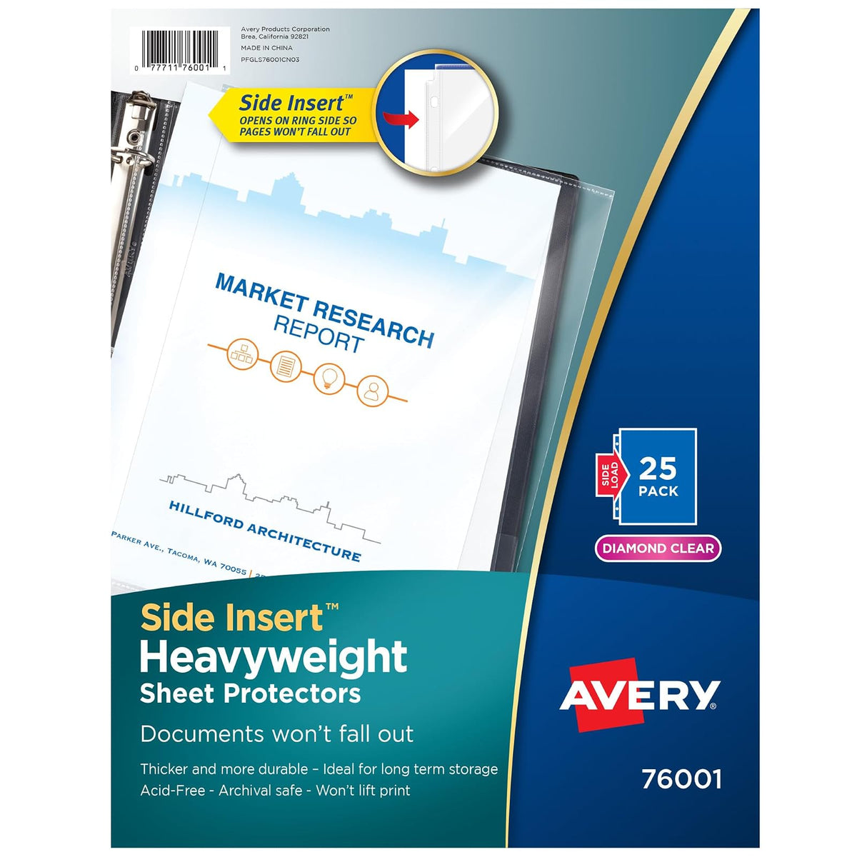 Avery 76001 Protectores de hojas de carga lateral, calibre pesado, carta, diamante transparente (paquete de 25)