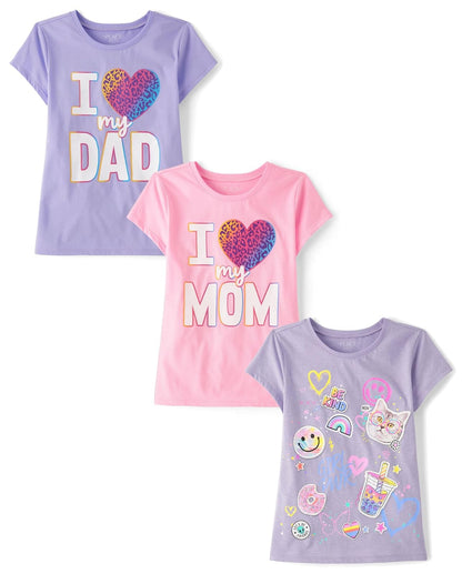 The Children's Place Playeras Estampadas de Manga Corta para Niña - XL - Doodles - Heart Mom - Heart Dad