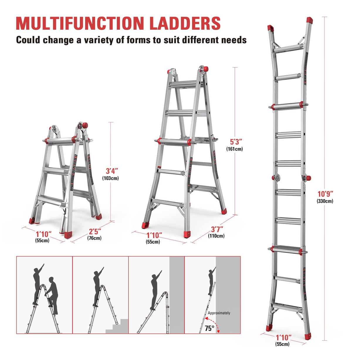 Ecomax Escalera plegable, escalera de extensión de aluminio de 4 pies, capacidad de carga de 300 libras, escalera telescópica portátil con goma antideslizante, escaleras de escalón multiposición, para trabajar EM4X3L2, plata