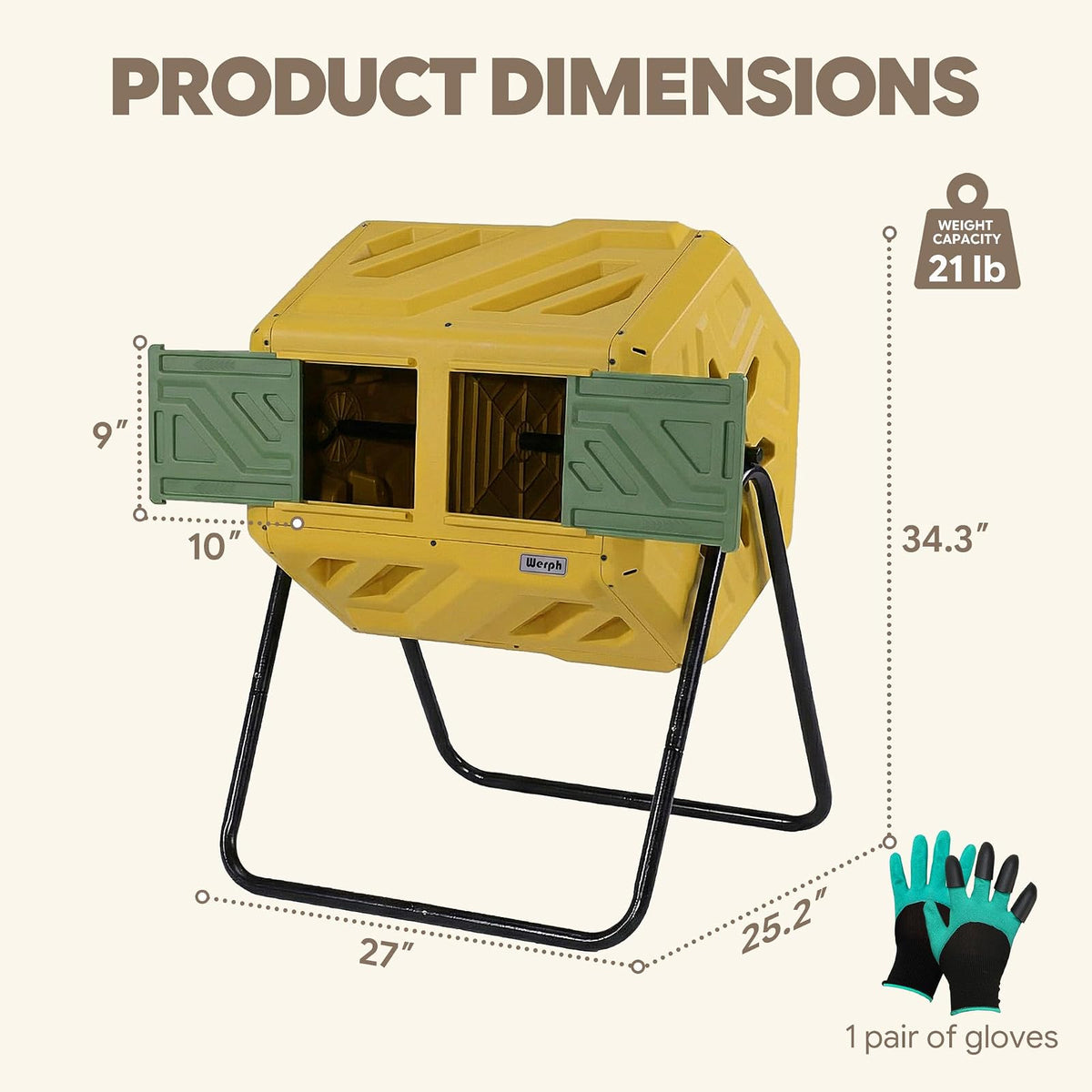 Werph - Contenedor de compostaje de Doble cámara de 43 galones, Vaso de compostaje para Exteriores de Montaje rápido, contenedor Giratorio para compostaje con Guantes para jardín, Cocina y Patio