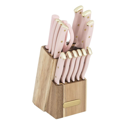 Farberware Juego de 15 cuchillos de acacia triple remachado, cuchillos de cocina de acero inoxidable de alto carbono con asas ergonómicas, juego de cuchillos afilados, rosa y dorado