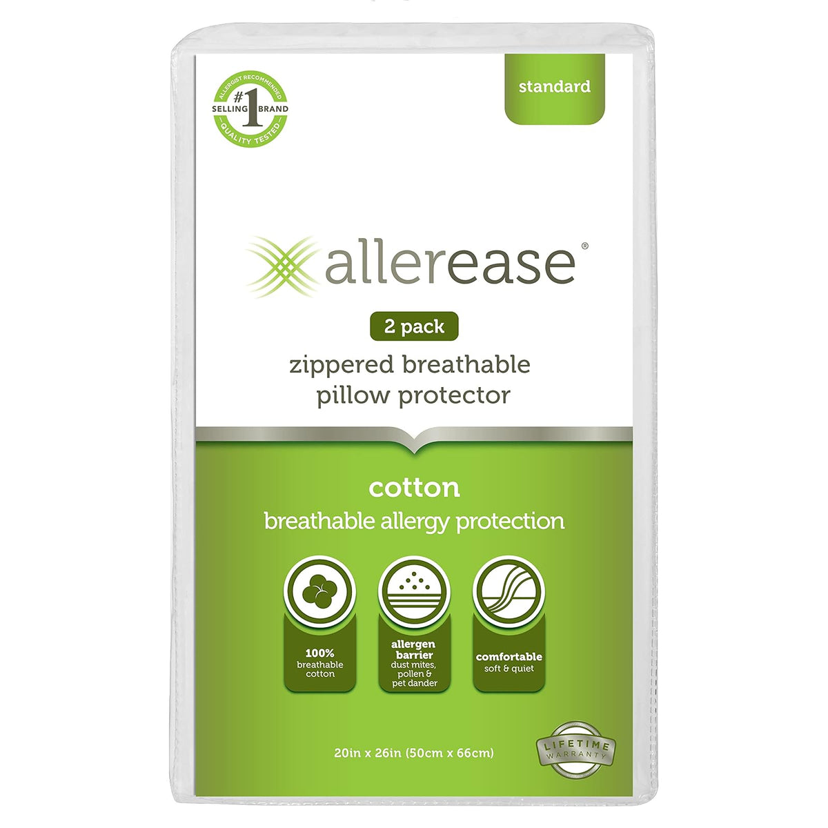 AllerEase Protector de Almohada de Algodón Blanco - Standard (Paquete de 2) - Estándar