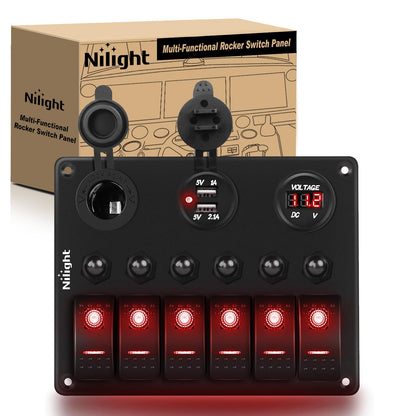 Nilight 6 Gang ON Off Rocker Switch Panel Red Backlit 12V 24V LED Digital Voltmeter 3.1A Dual USB Charger Cigarette Lighter Socket Overload Protection for Cars RVs Boats (90122F)