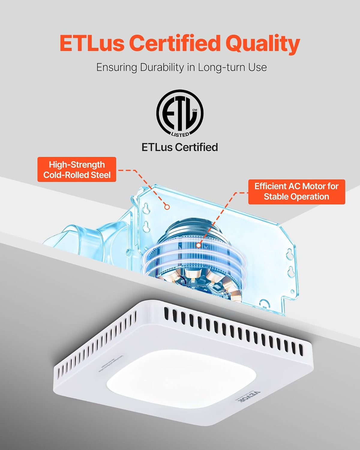 VEVOR Extractor de aire para baño con luz LED, 80 CFM, tres velocidades, 1.5 sones, silencioso, motor de CA premium, ventilador de techo para lavandería, trastero y ventilación del hogar, color blanco
