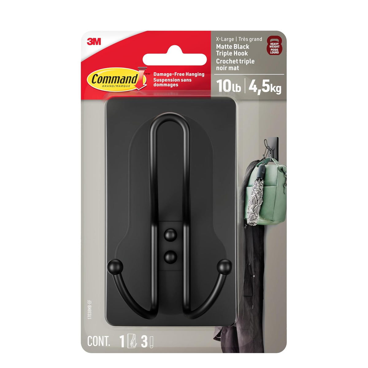 Command XL - Gancho Triple Negro Mate, 1 Gancho, 3 Tiras, Ganchos de Pared para Colgar sin daños con Tiras Adhesivas, Ganchos de Pared sin Herramientas para Colgar Decoraciones en Espacios Vivos - Negro mate