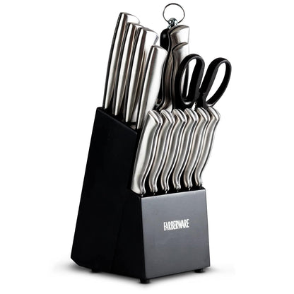 Bloque de Cuchillos y Auxiliares de 15 Piezas con base de Madera FARBERWARE Color Negro
