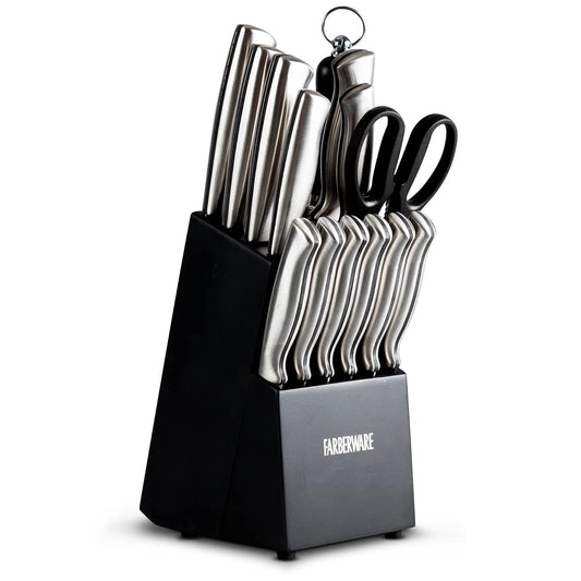 Bloque de Cuchillos y Auxiliares de 15 Piezas con base de Madera FARBERWARE Color Negro