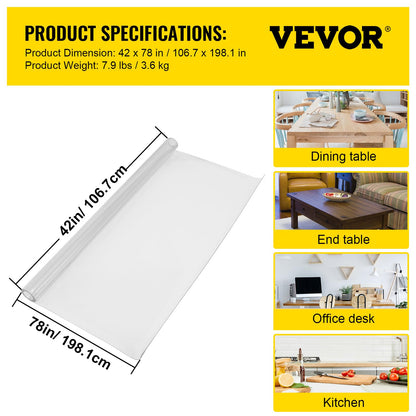 VEVOR - Funda de mesa de plástico de 42 x 78 pulgadas, protector de mesa transparente de 1,5 mm de grosor, tapete rectangular transparente, impermeable y fácil de limpiar para oficina o mesa de noche
