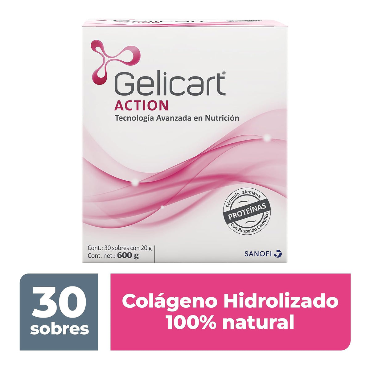 Gelicart Action, Suplemento Alimenticio, Polvo de Colágeno Hidrolizado con 30 Sobres de 20 gr, 1 count