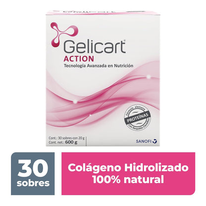 Gelicart Action, Suplemento Alimenticio, Polvo de Colágeno Hidrolizado con 30 Sobres de 20 gr, 1 count